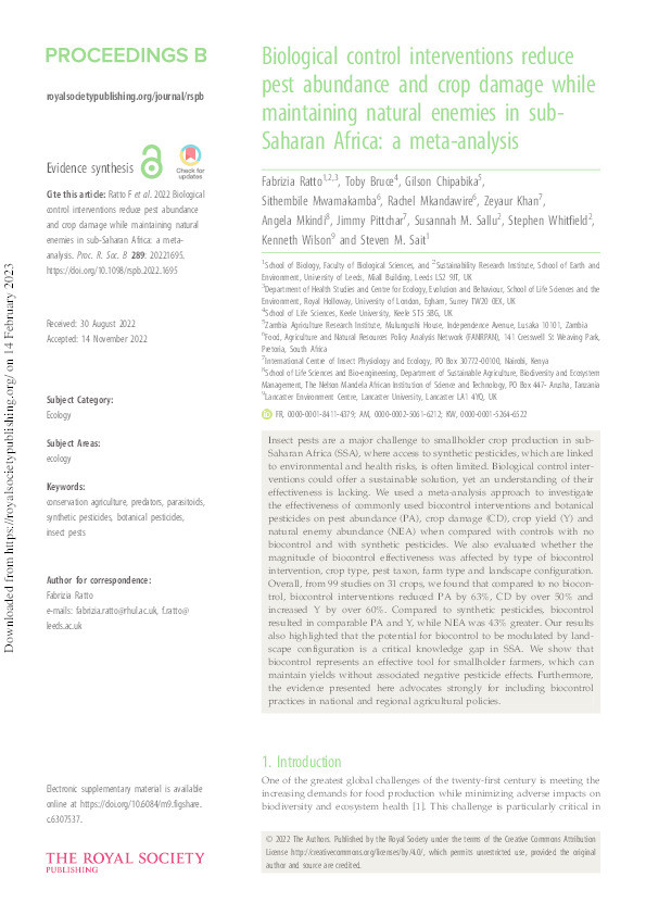 Biological control interventions reduce pest abundance and crop damage while maintaining natural enemies in sub-Saharan Africa: a meta-analysis Thumbnail