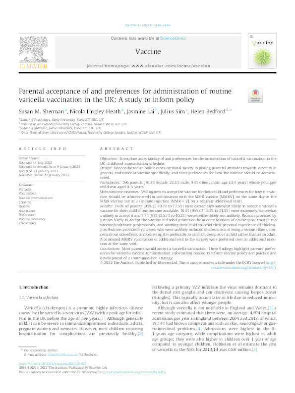 Parental acceptance of and preferences for administration of routine varicella vaccination in the UK: a study to inform policy Thumbnail