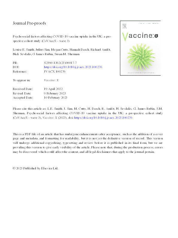 Psychosocial factors affecting COVID-19 vaccine uptake in the UK: a prospective cohort study (CoVAccS – wave 3) Thumbnail