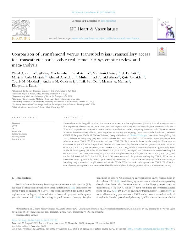 Comparison of Transfemoral versus Transsubclavian/Transaxillary access for transcatheter aortic valve replacement: A systematic review and meta-analysis Thumbnail