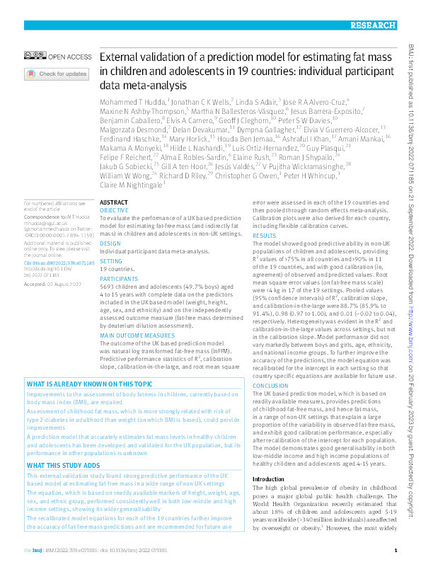 External validation of a prediction model for estimating fat mass in children and adolescents in 19 countries: individual participant data meta-analysis Thumbnail