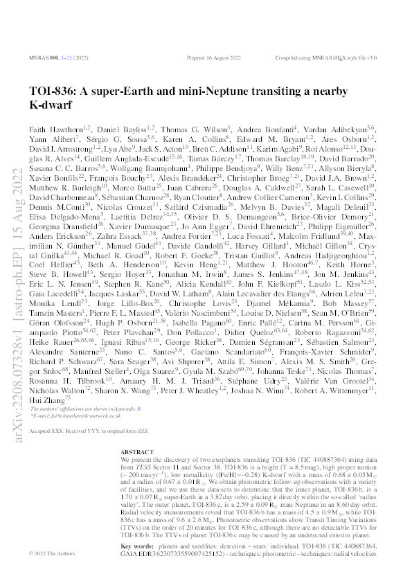 TOI-836: A super-Earth and mini-Neptune transiting a nearby K-dwarf Thumbnail