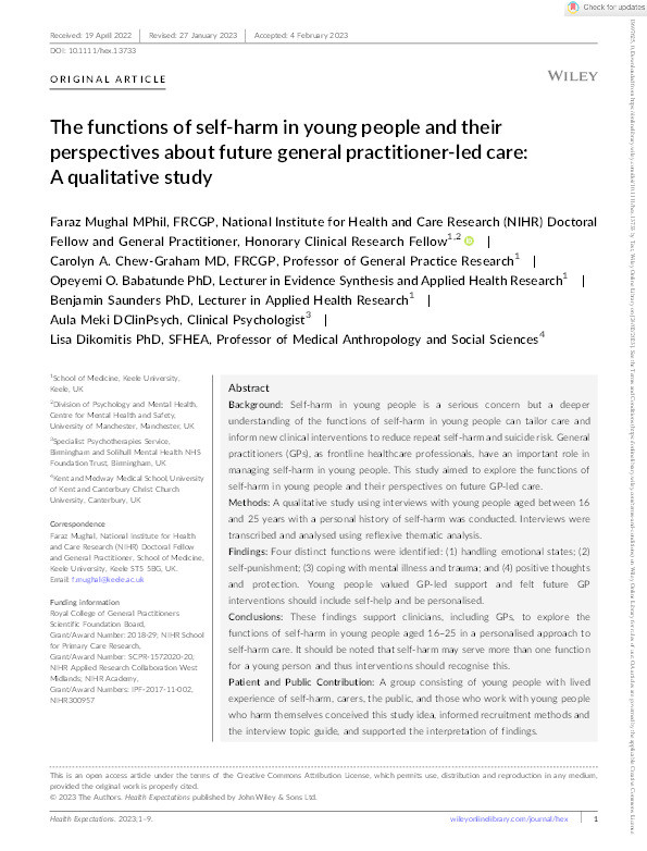 The functions of self-harm in young people and their perspectives about future general practitioner-led care: A qualitative study. Thumbnail