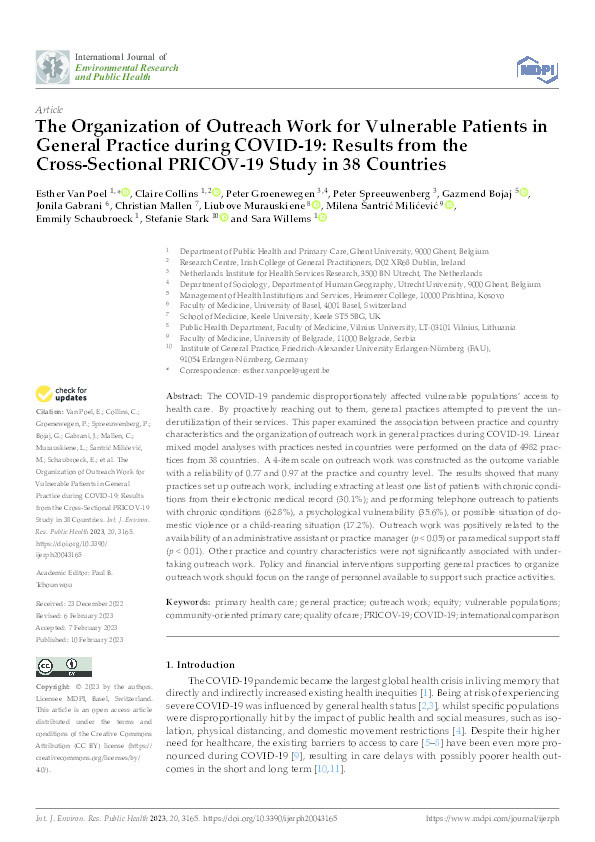 The Organization of Outreach Work for Vulnerable Patients in General Practice during COVID-19: Results from the Cross-Sectional PRICOV-19 Study in 38 Countries. Thumbnail