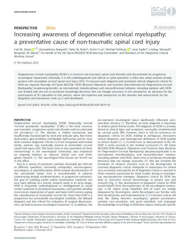 Increasing awareness of degenerative cervical myelopathy: a preventative cause of non-traumatic spinal cord injury Thumbnail