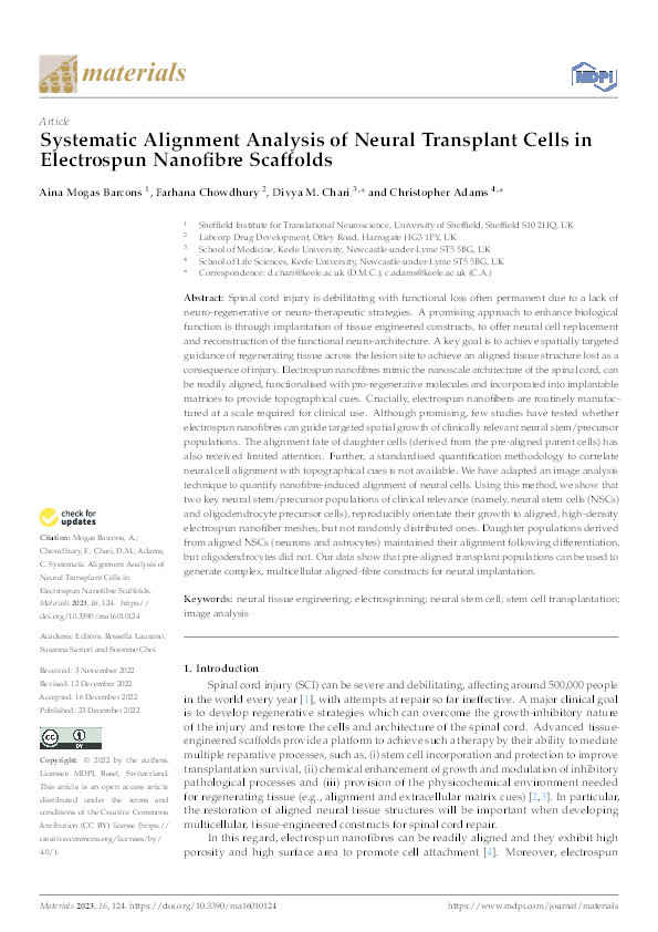 Systematic Alignment Analysis of Neural Transplant Cells in Electrospun Nanofibre Scaffolds Thumbnail