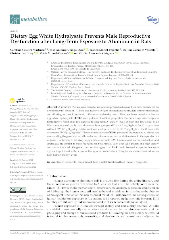 Dietary Egg White Hydrolysate Prevents Male Reproductive Dysfunction after Long-Term Exposure to Aluminum in Rats Thumbnail