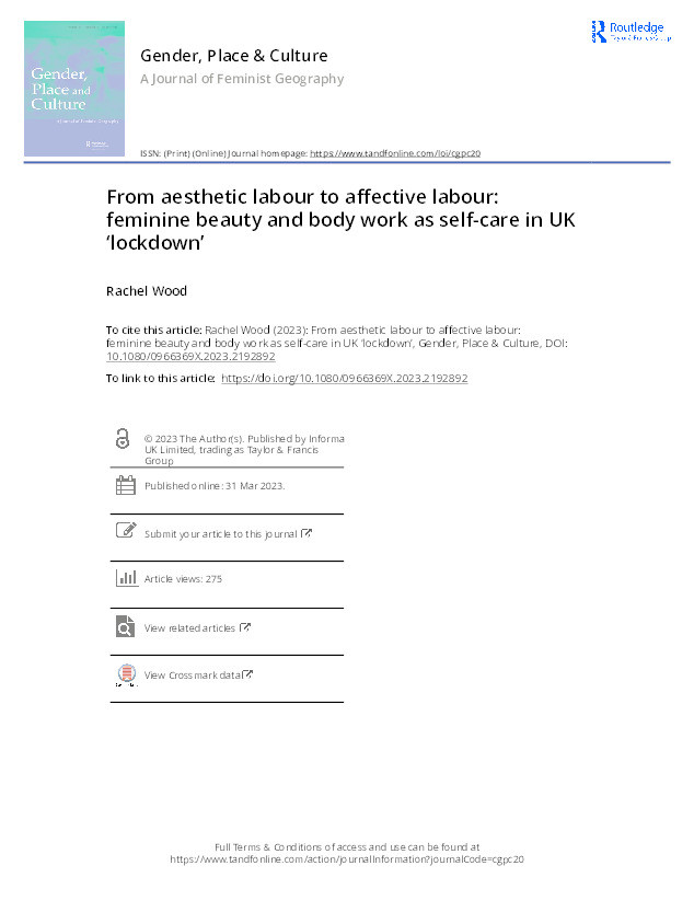 From aesthetic labour to affective labour: feminine beauty and body work as self-care in UK 'lockdown' Thumbnail
