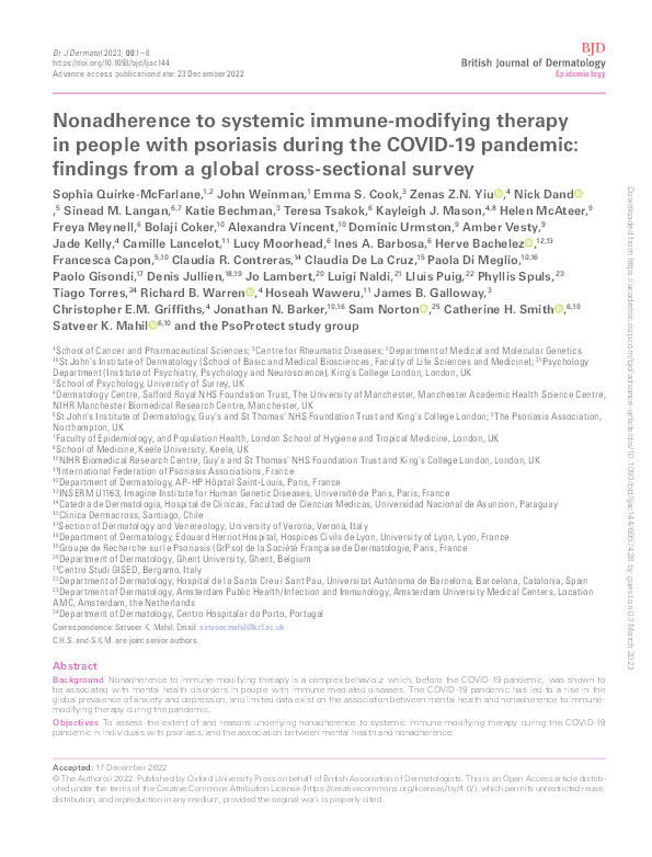 Nonadherence to systemic immune-modifying therapy in people with psoriasis during the COVID-19 pandemic: findings from a global cross-sectional survey Thumbnail