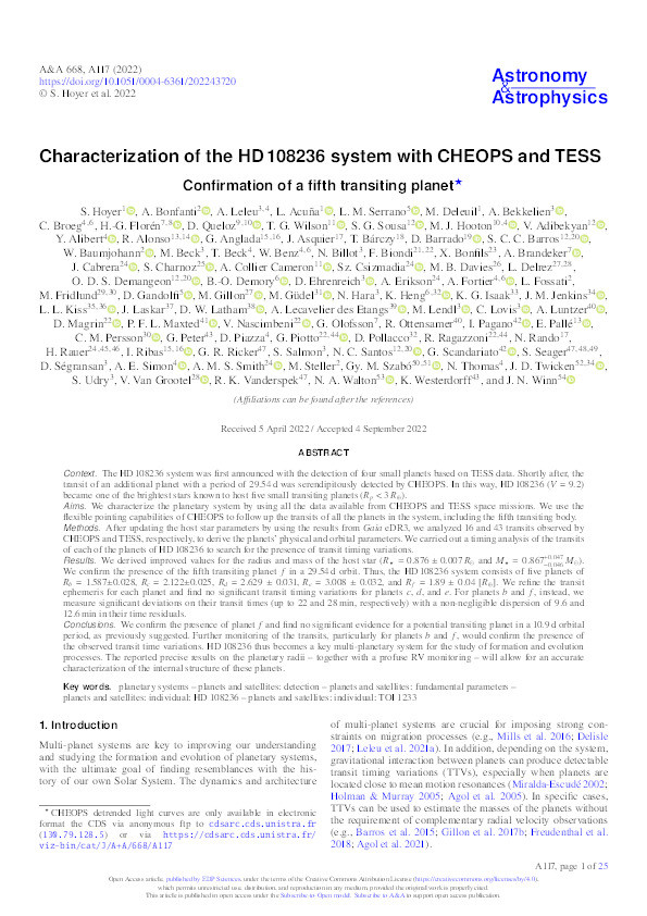 Characterization of the HD 108236 system with CHEOPS and TESS Confirmation of a fifth transiting planet Thumbnail