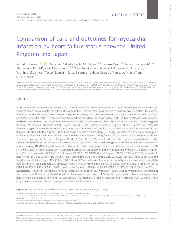 Comparison of care and outcomes for myocardial infarction by heart failure status between United Kingdom and Japan. Thumbnail