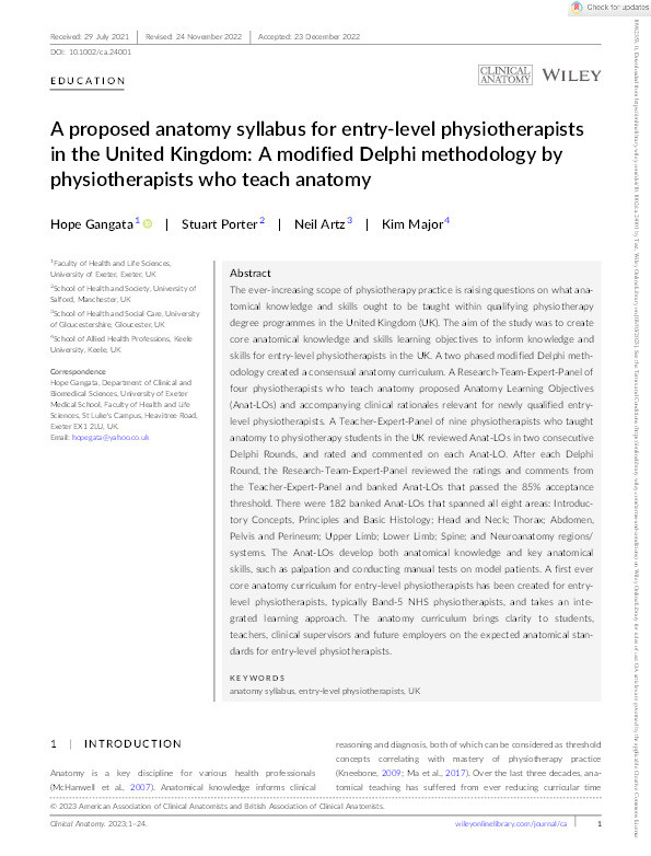 A proposed anatomy syllabus for entry-level physiotherapists in the United Kingdom: A modified Delphi methodology by physiotherapists who teach anatomy Thumbnail