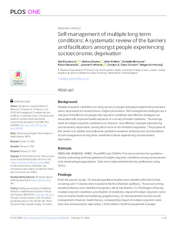 Self-management of multiple long-term conditions: A systematic review of the barriers and facilitators amongst people experiencing socioeconomic deprivation. Thumbnail