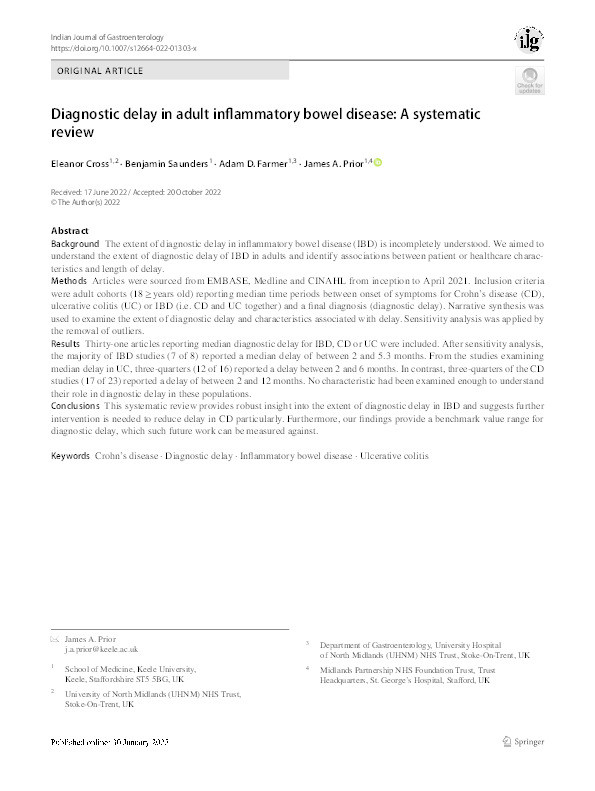 Diagnostic delay in adult inflammatory bowel disease: A systematic review Thumbnail
