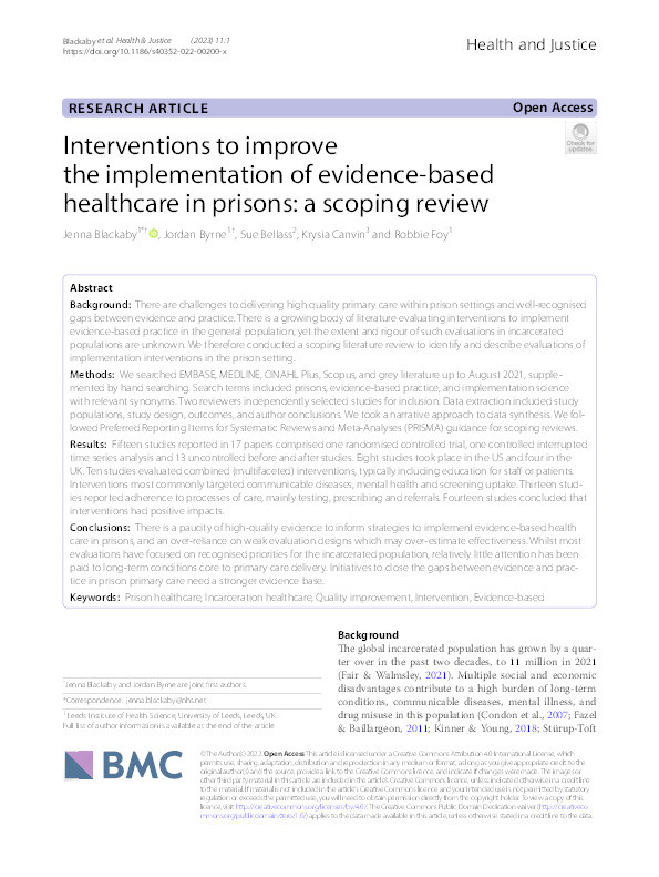 Interventions to improve the implementation of evidence-based healthcare in prisons: a scoping review. Thumbnail