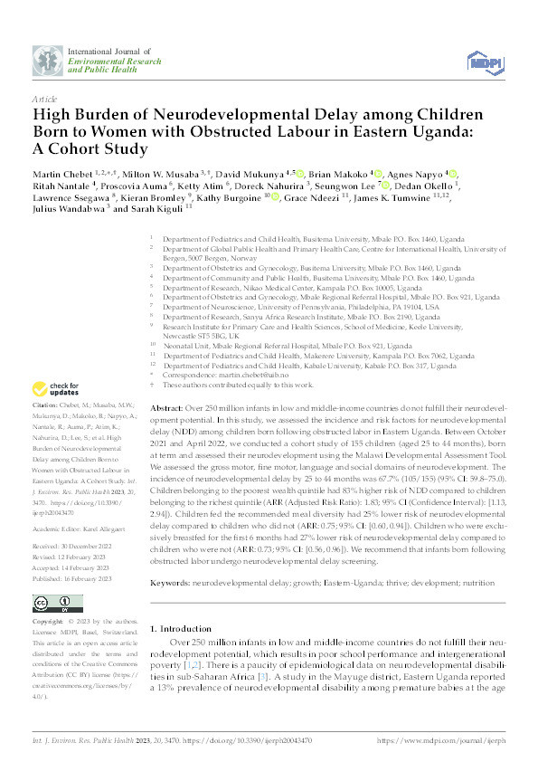 High Burden of Neurodevelopmental Delay among Children Born to Women with Obstructed Labour in Eastern Uganda: A Cohort Study. Thumbnail