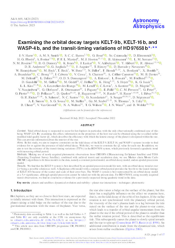 Examining the orbital decay targets KELT-9 b, KELT-16 b, and WASP-4 b, and the transit-timing variations of HD 97658 b Thumbnail