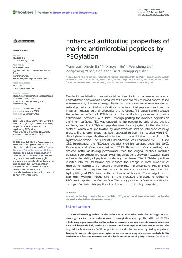 Enhanced antifouling properties of marine antimicrobial peptides by PEGylation. Thumbnail