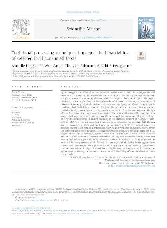 Traditional processing techniques impacted the bioactivities of selected local consumed foods Thumbnail