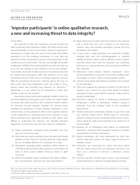 ‘Imposter participants’ in online qualitative research, a new and increasing threat to data integrity? Thumbnail