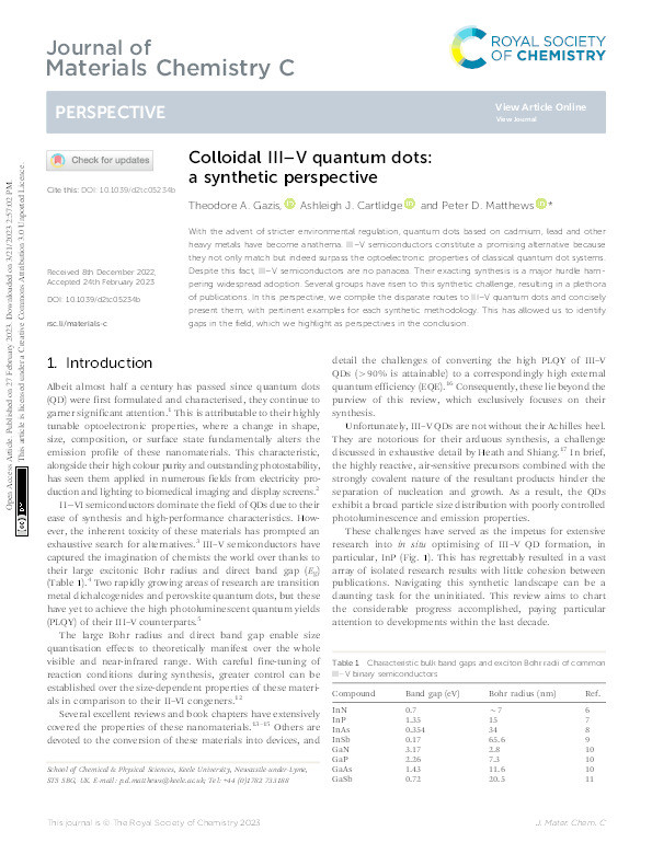 Colloidal III-V quantum dots: a synthetic perspective Thumbnail