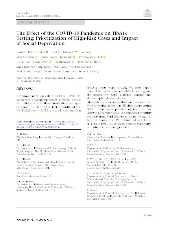 The Effect of the COVID-19 Pandemic on HbA1c Testing: Prioritization of High-Risk Cases and Impact of Social Deprivation Thumbnail