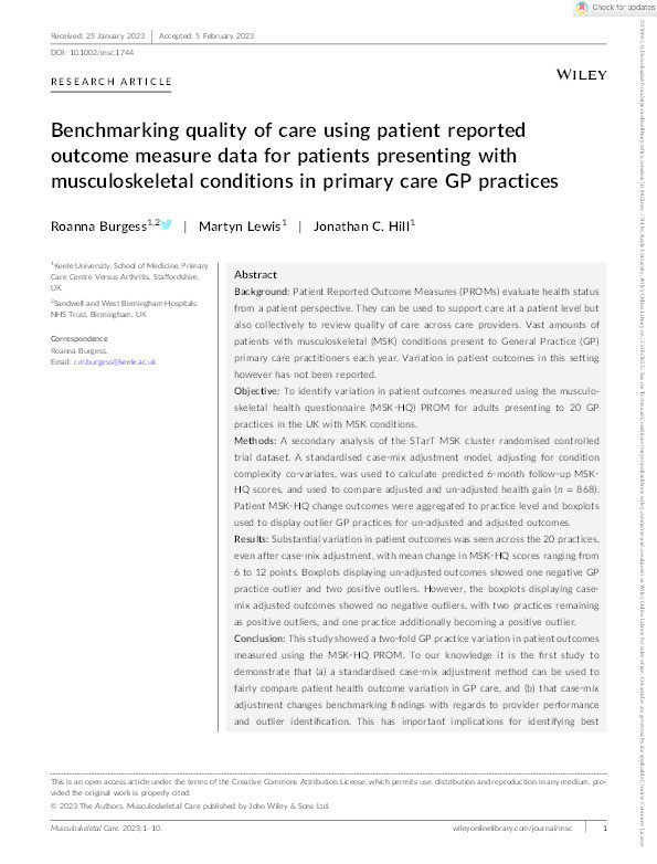 Benchmarking quality of care using patient reported outcome measure data for patients presenting with musculoskeletal conditions in primary care GP practices Thumbnail