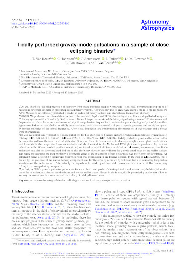 Tidally perturbed gravity-mode pulsations in a sample of close eclipsing binaries Thumbnail