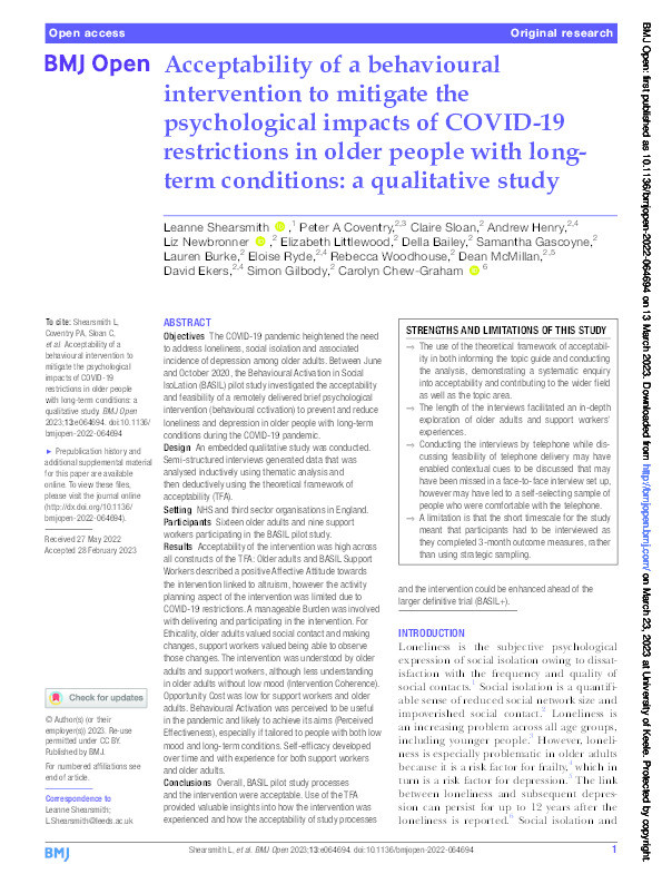Acceptability of a behavioural intervention to mitigate the psychological impacts of COVID-19 restrictions in older people with long-term conditions: a qualitative study. Thumbnail