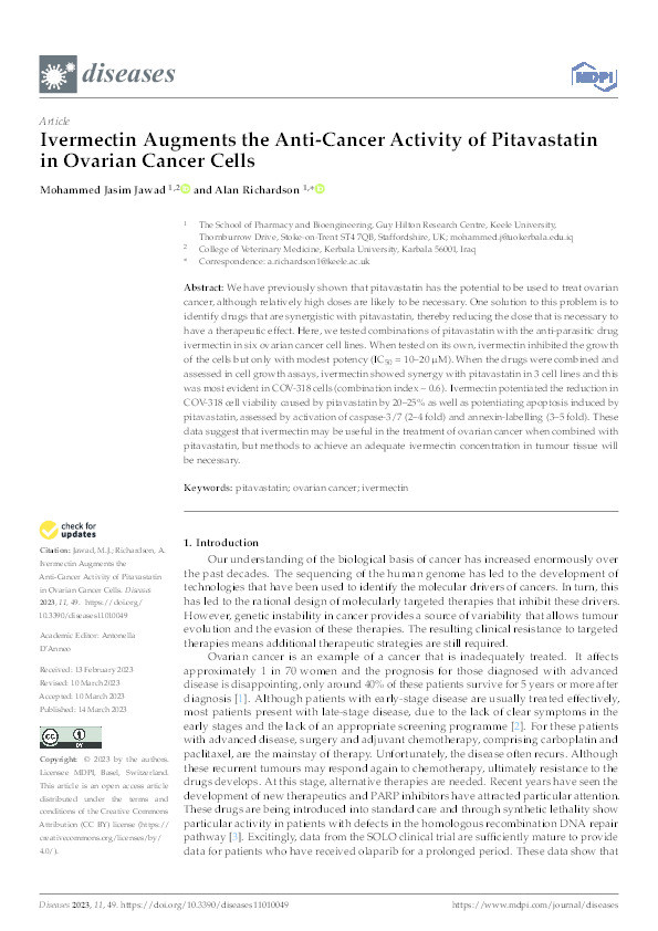 Ivermectin Augments the Anti-Cancer Activity of Pitavastatin in Ovarian Cancer Cells Thumbnail