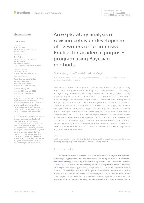 An exploratory analysis of revision behavior development of L2 writers on an intensive English for academic purposes program using Bayesian methods Thumbnail