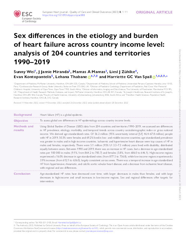 Sex differences in the etiology and burden of heart failure across country income level: analysis of 204 countries and territories 1990–2019 Thumbnail