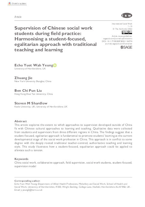 Supervision of Chinese social work students during field practice: Harmonising a student-focused, egalitarian approach with traditional teaching and learning Thumbnail