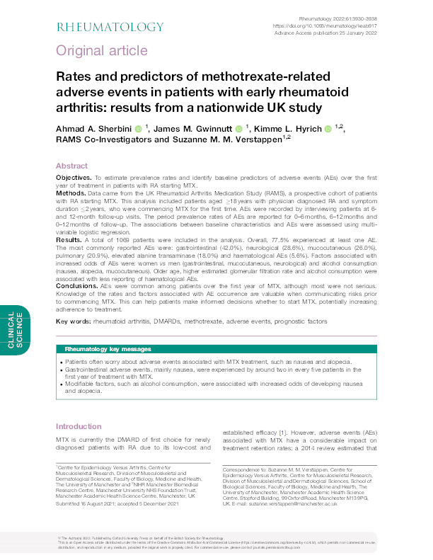 Rates and predictors of methotrexate-related adverse events in patients with early rheumatoid arthritis: results from a nationwide UK study. Thumbnail