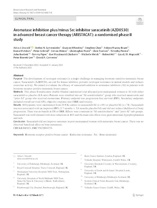 Aromatase inhibition plus/minus Src inhibitor saracatinib (AZD0530) in advanced breast cancer therapy (ARISTACAT): a randomised phase II study. Thumbnail
