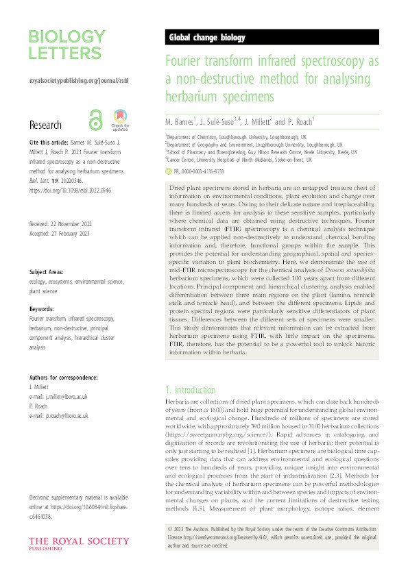 Fourier transform infrared spectroscopy as a non-destructive method for analysing herbarium specimens. Thumbnail