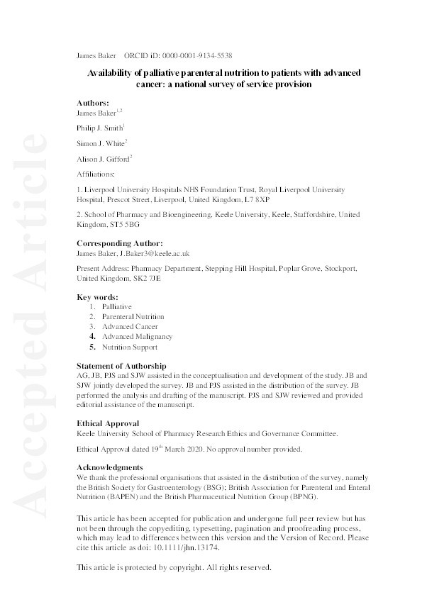 Availability of palliative parenteral nutrition to patients with advanced cancer: A national survey of service provision Thumbnail