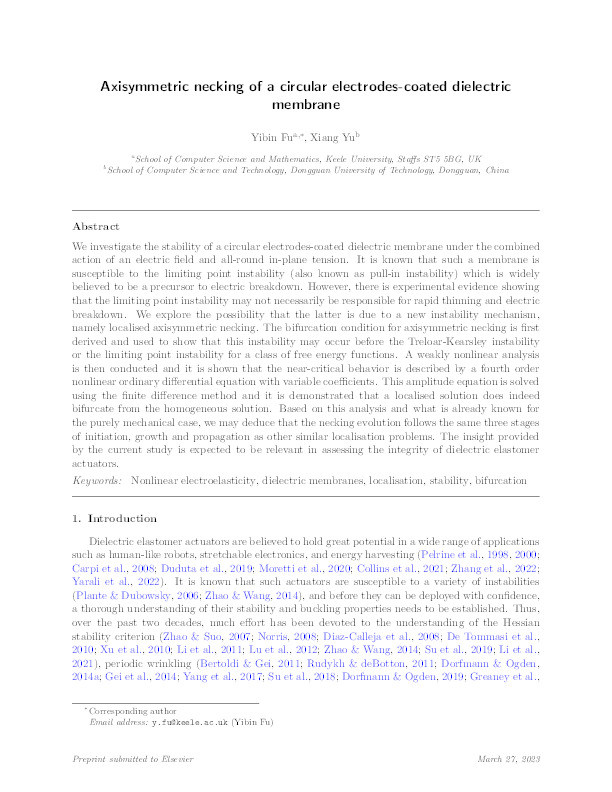 Axisymmetric necking of a circular electrodes-coated dielectric membrane Thumbnail