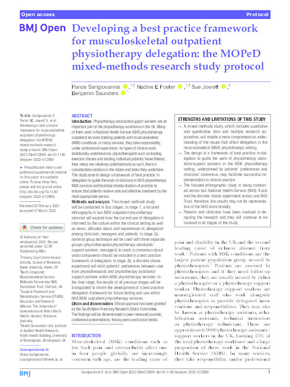 Developing a best practice framework for musculoskeletal outpatient physiotherapy delegation: the MOPeD mixed-methods research study protocol. Thumbnail