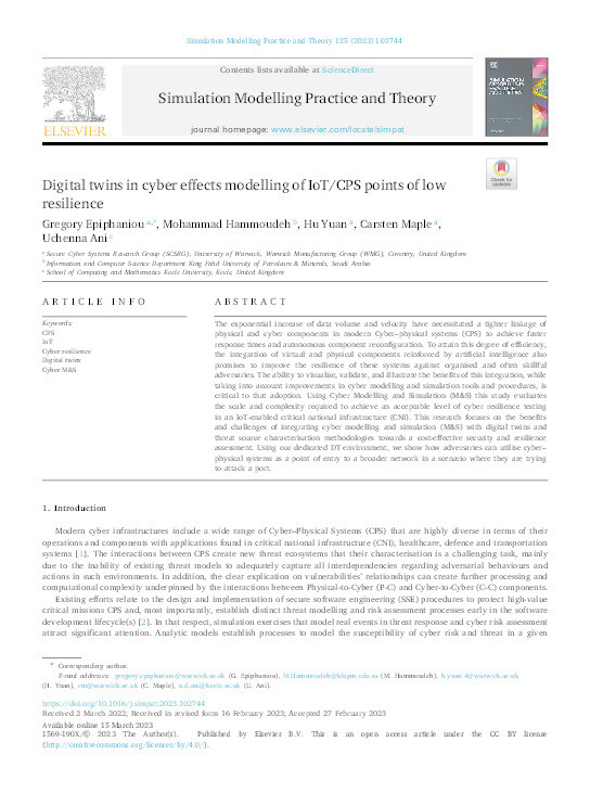 Digital twins in cyber effects modelling of IoT/CPS points of low resilience Thumbnail