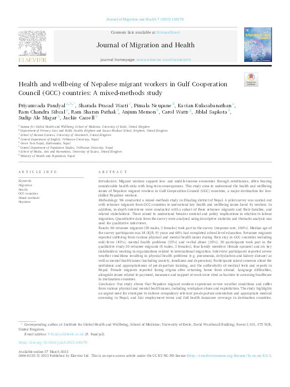 Health and wellbeing of Nepalese migrant workers in Gulf Cooperation Council (GCC) countries: A mixed-methods study Thumbnail