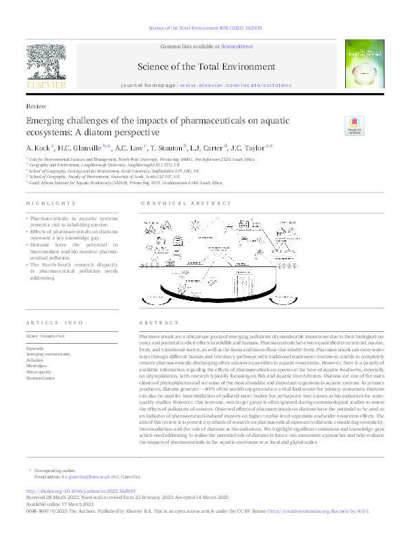 Emerging challenges of the impacts of pharmaceuticals on aquatic ecosystems: A diatom perspective. Thumbnail