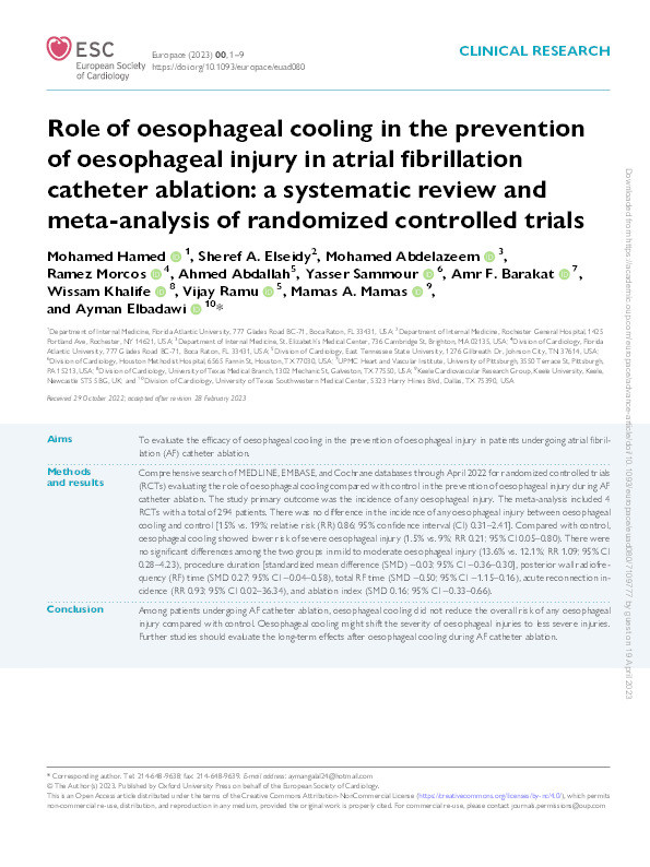 Role of oesophageal cooling in the prevention of oesophageal injury in atrial fibrillation catheter ablation: a systematic review and meta-analysis of randomized controlled trials. Thumbnail