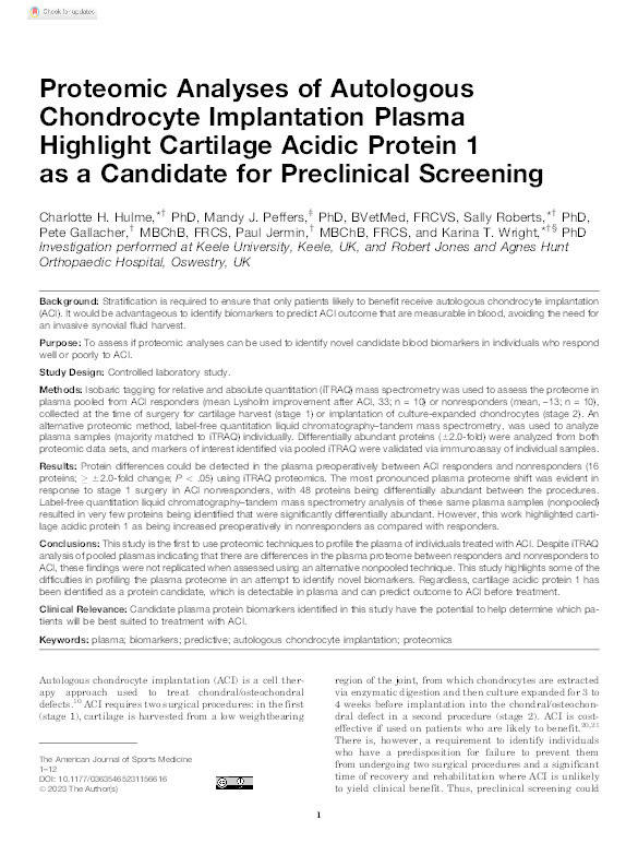 Proteomic Analyses of Autologous Chondrocyte Implantation Plasma Highlight Cartilage Acidic Protein 1 as a Candidate for Preclinical Screening. Thumbnail