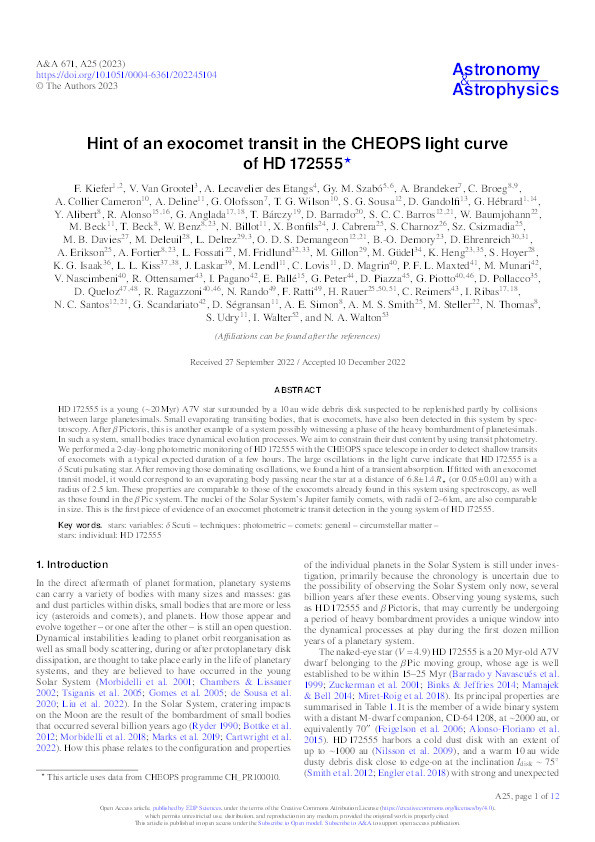 Hint of an exocomet transit in the CHEOPS light curve of HD 172555 Thumbnail