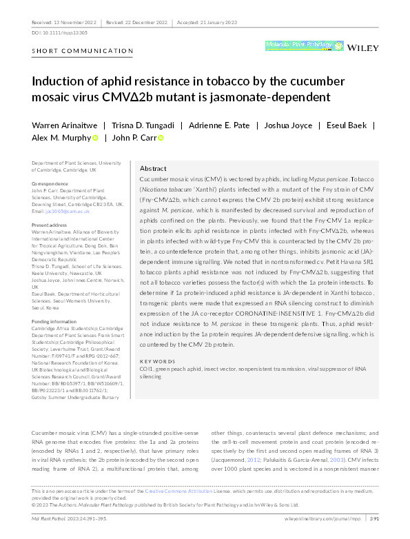 Induction of aphid resistance in tobacco by the cucumber mosaic virus CMV?2b mutant is jasmonate-dependent. Thumbnail