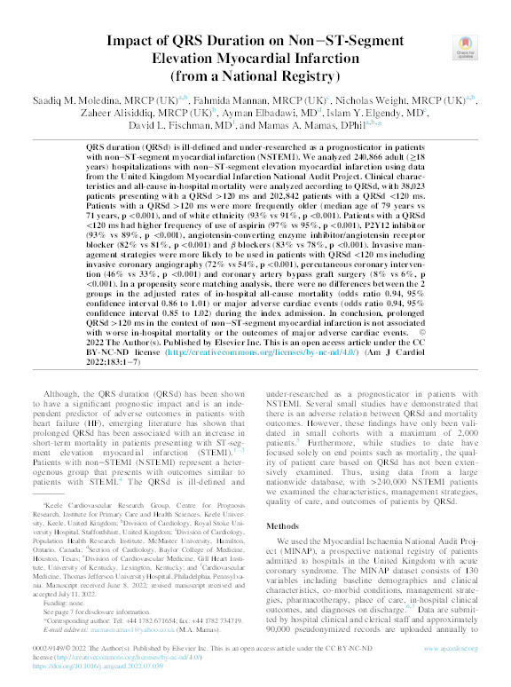 Impact of QRS Duration on Non–ST-Segment Elevation Myocardial Infarction (from a National Registry) Thumbnail