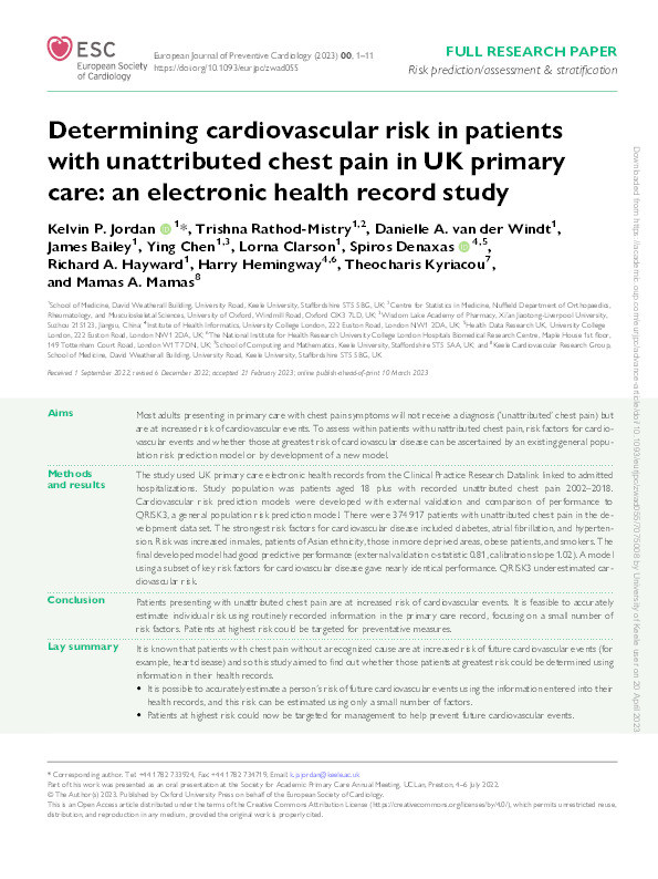 Determining cardiovascular risk in patients with unattributed chest pain in UK primary care: an electronic health record study Thumbnail