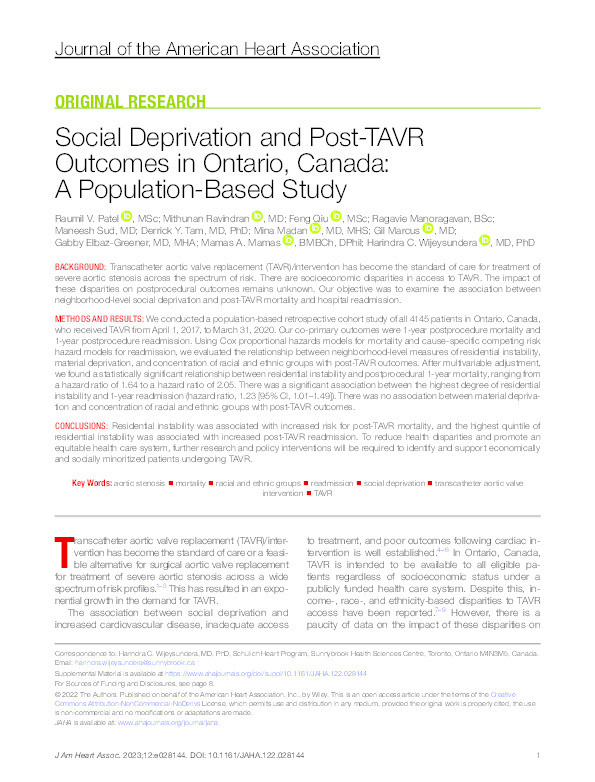 Social Deprivation and Post-TAVR Outcomes in Ontario, Canada: A Population-Based Study. Thumbnail