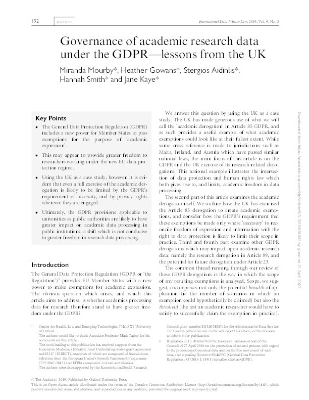 Governance of academic research data under the GDPR—lessons from the UK Thumbnail